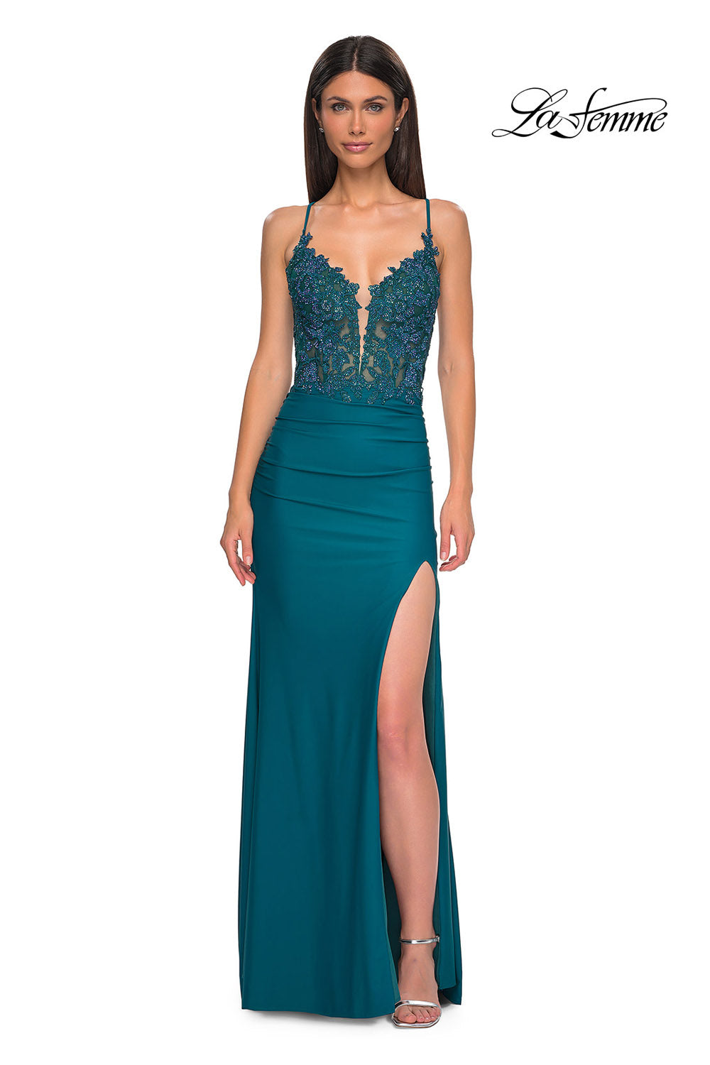 La Femme 33001 prom dress images.  La Femme 33001 is available in these colors: Dark Teal, Light Periwinkle, Royal Blue.