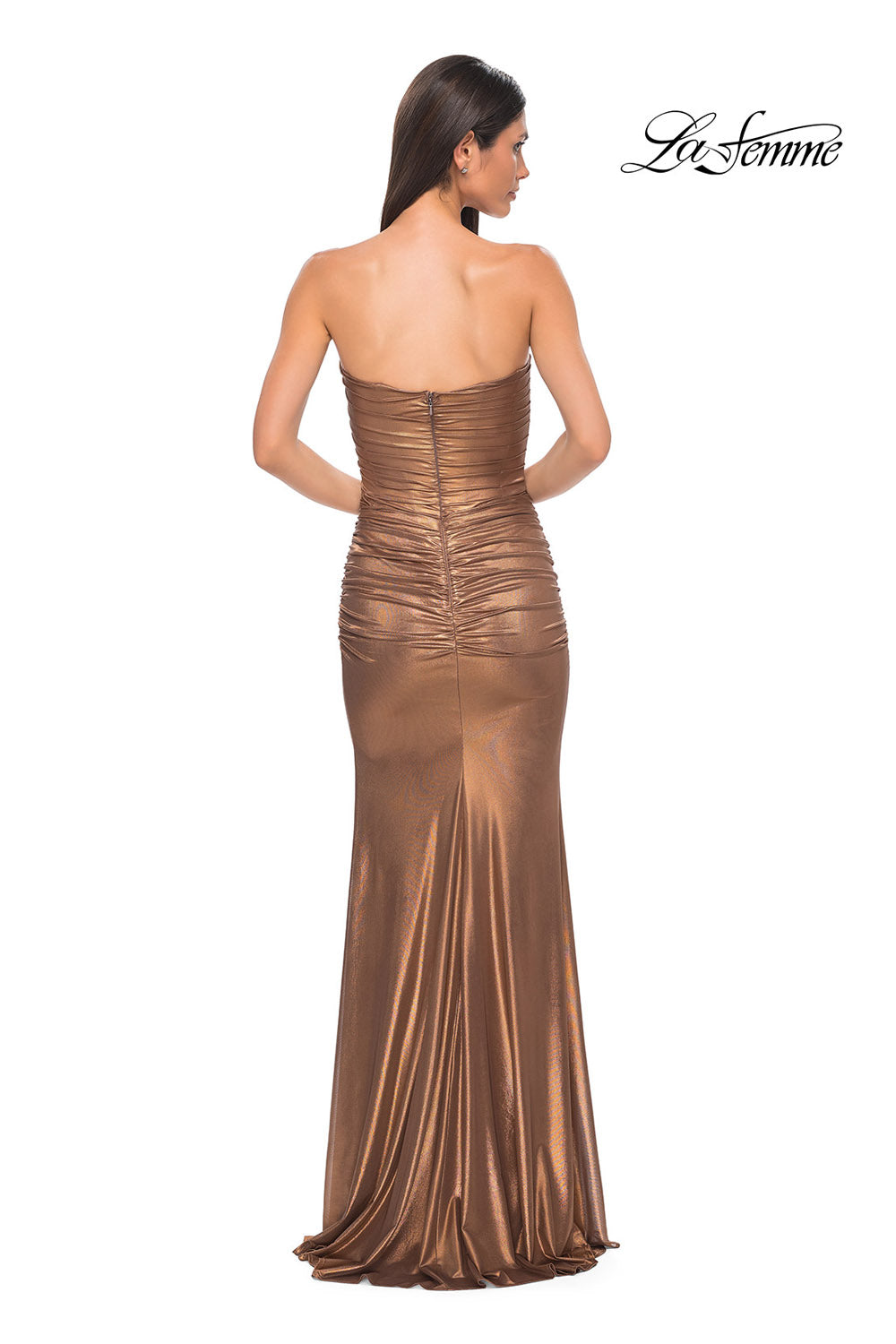 La Femme 33007 prom dress images.  La Femme 33007 is available in these colors: Bronze, Dark Teal, Navy.