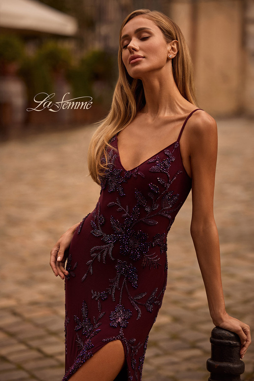 La Femme 33054 prom dress images.  La Femme 33054 is available in these colors: Dark Berry, Navy.