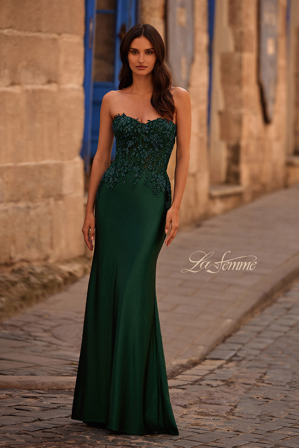 La Femme 32582 prom dress images.  La Femme 32582 is available in these colors: Black, Emerald, Marine Blue.