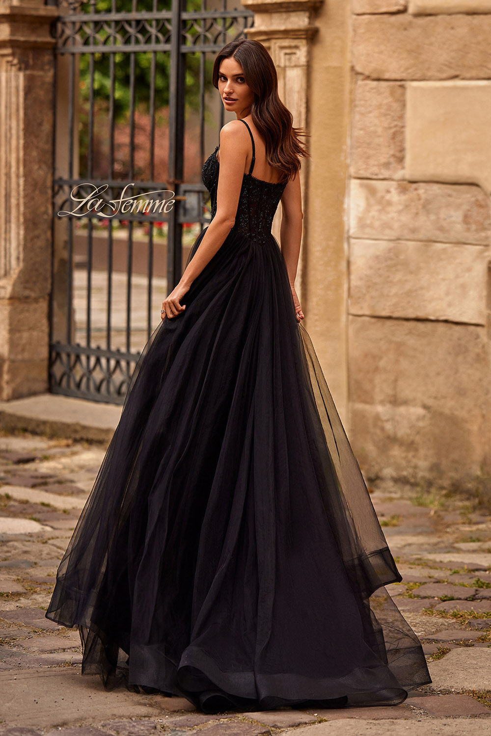 La Femme 32594 prom dress images.  La Femme 32594 is available in these colors: Black, Dark Berry, Dark Teal.