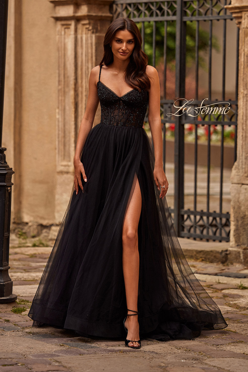 La Femme 32594 prom dress images.  La Femme 32594 is available in these colors: Black, Dark Berry, Dark Teal.