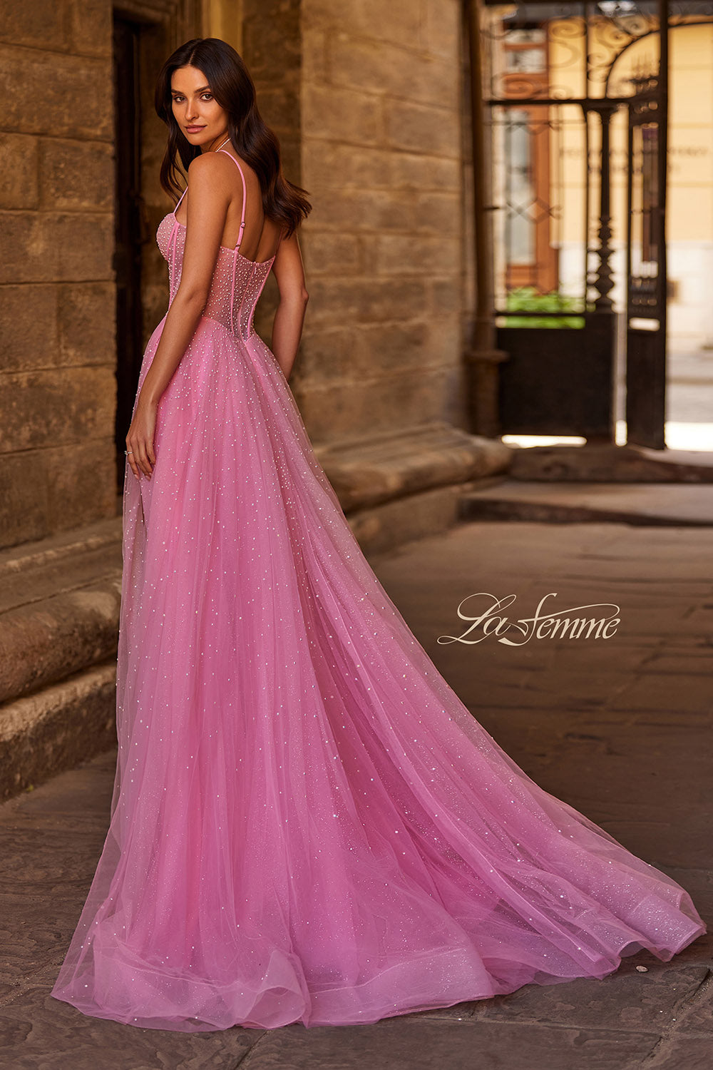 La Femme 32644 prom dress images.  La Femme 32644 is available in these colors: Cloud Blue, Pale Yellow, Pink.