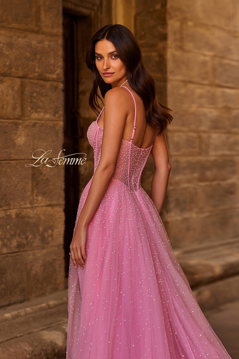 La Femme 32644 prom dress images.  La Femme 32644 is available in these colors: Cloud Blue, Pale Yellow, Pink.