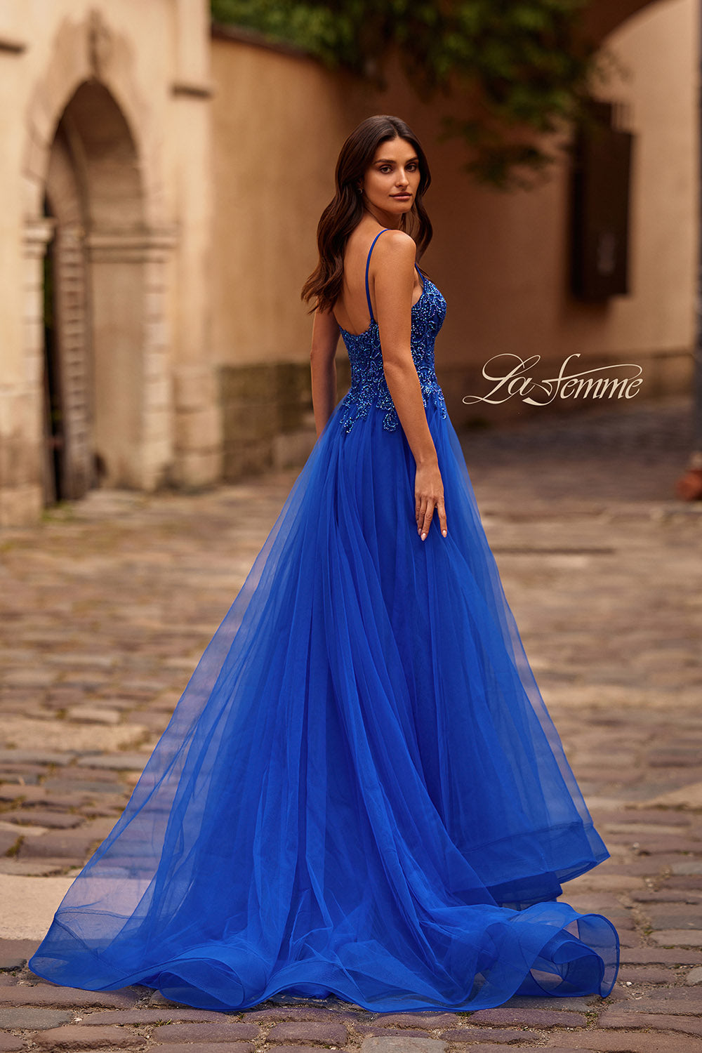 La Femme 32646 prom dress images.  La Femme 32646 is available in these colors: Black, Dark Berry, Jade, Light Periwinkle, Pale Yellow, Royal Blue.