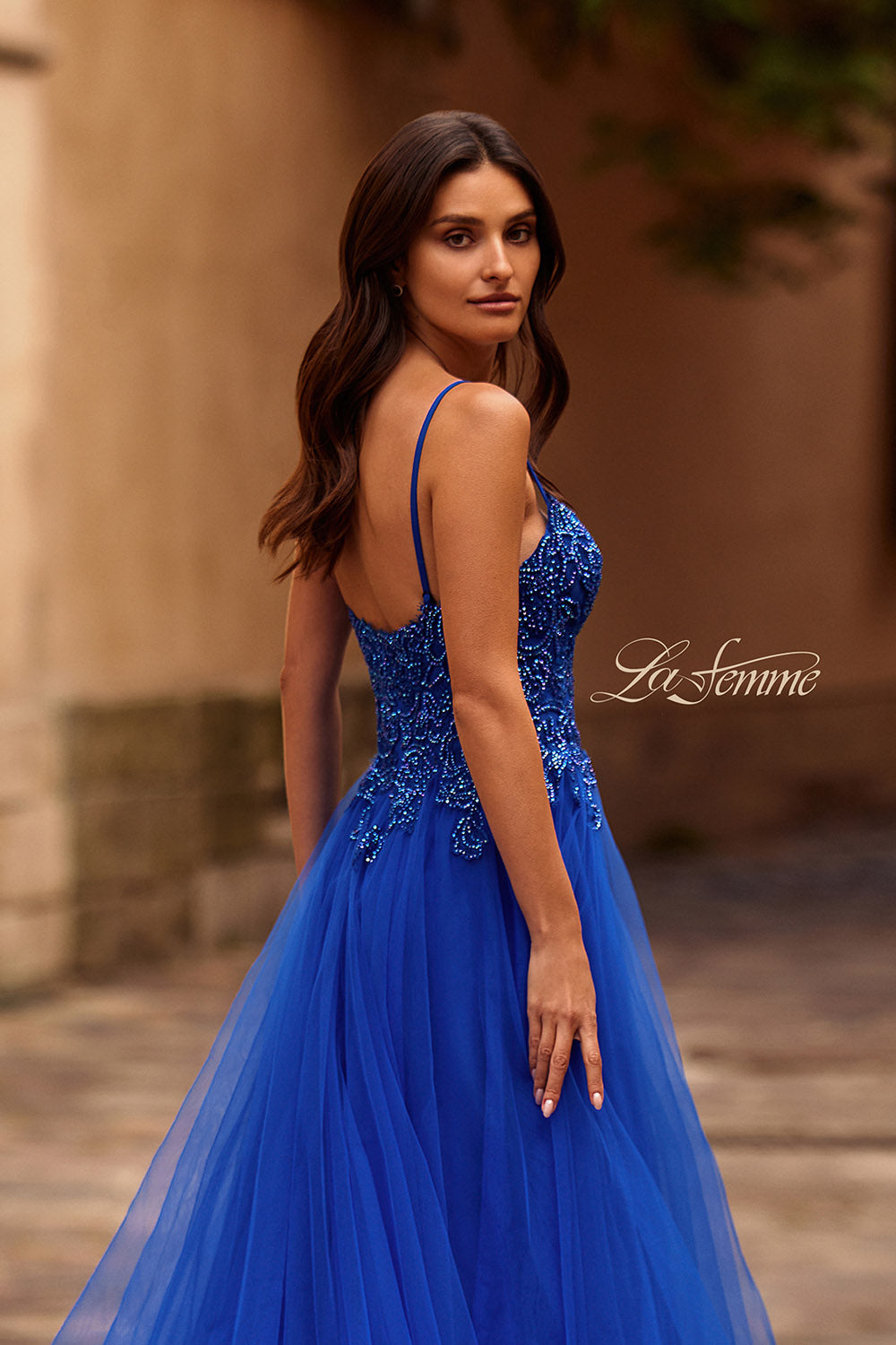 La Femme 32646 prom dress images.  La Femme 32646 is available in these colors: Black, Dark Berry, Jade, Light Periwinkle, Pale Yellow, Royal Blue.