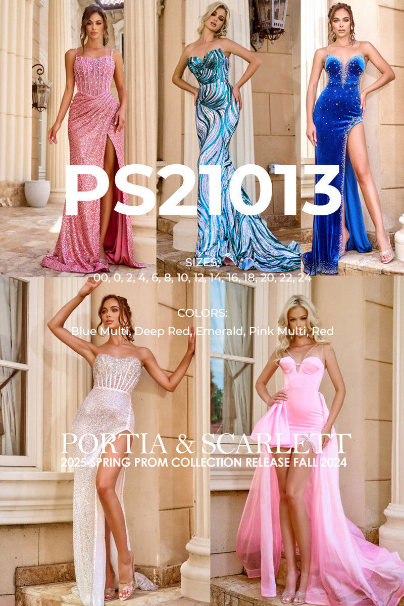 Portia and Scarlett PS21013 prom dress images.  Portia and Scarlett PS21013 is available in these colors: Blue Multi, Deep Red, Emerald, Pink Multi, Red.