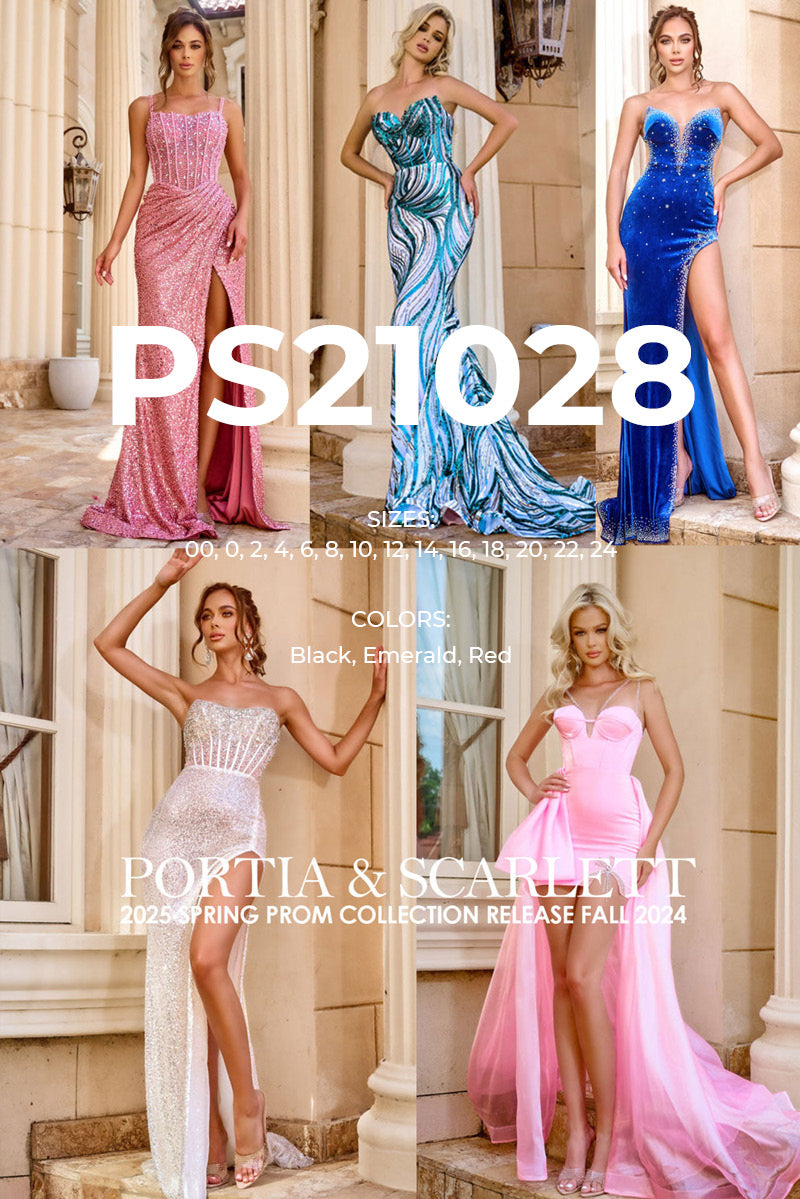 Portia and Scarlett PS21028 prom dress images.  Portia and Scarlett PS21028 is available in these colors: Black, Emerald, Red.