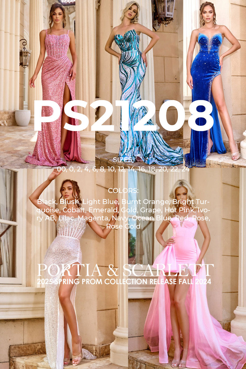 Portia and Scarlett PS21208 prom dress images.  Portia and Scarlett PS21208 is available in these colors: Black, Blush, Light Blue, Burnt Orange, Bright Turquoise, Cobalt, Emerald, Gold, Grape, Hot Pink, Ivory AB, Lilac, Magenta, Navy, Ocean Blue, Red, Rose, Rose Gold.