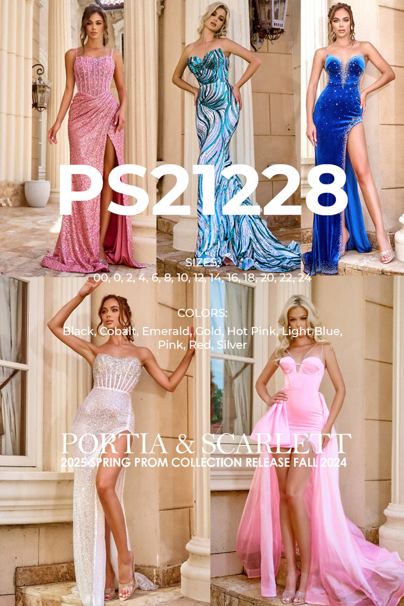 Portia and Scarlett PS21228 prom dress images.  Portia and Scarlett PS21228 is available in these colors: Black, Cobalt, Emerald, Gold, Hot Pink, Light Blue, Pink, Red, Silver.