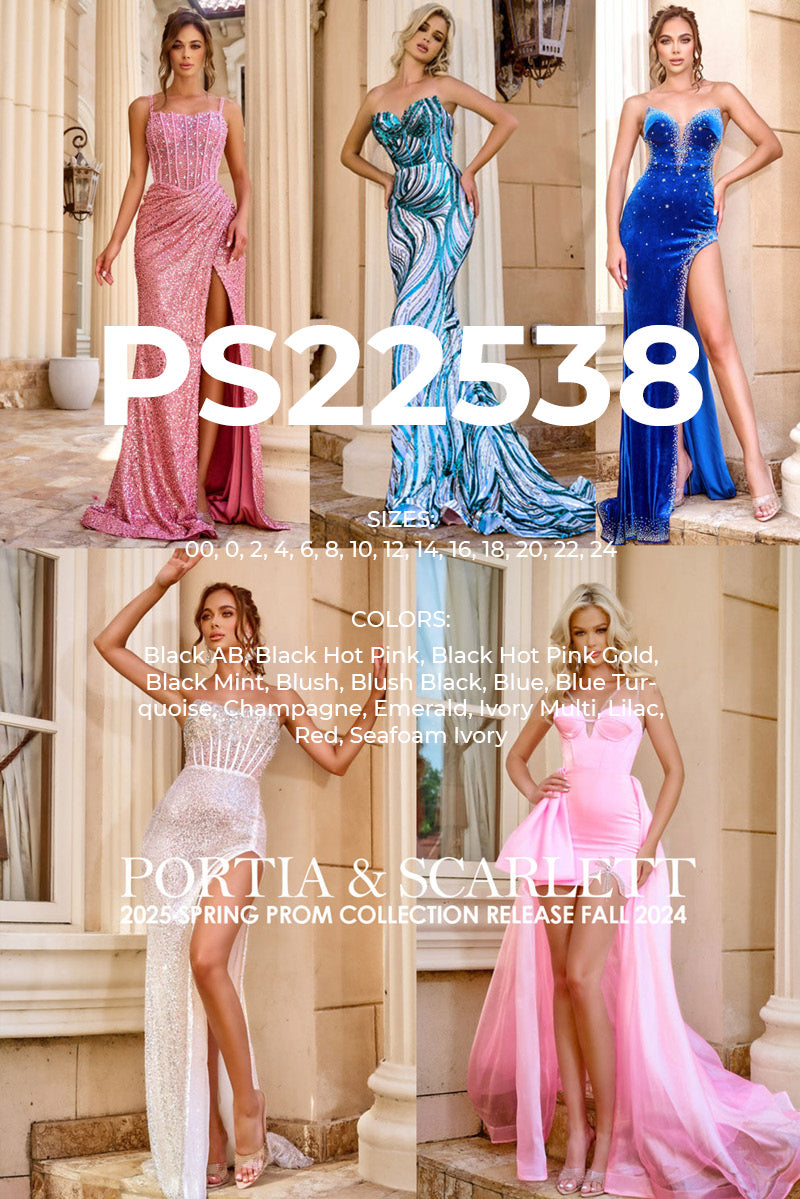 Portia and Scarlett PS22538 prom dress images.  Portia and Scarlett PS22538 is available in these colors: Black AB, Black Hot Pink, Black Hot Pink Gold, Black Mint, Blush, Blush Black, Blue, Blue Turquoise, Champagne, Emerald, Ivory Multi, Lilac, Red, Seafoam Ivory.