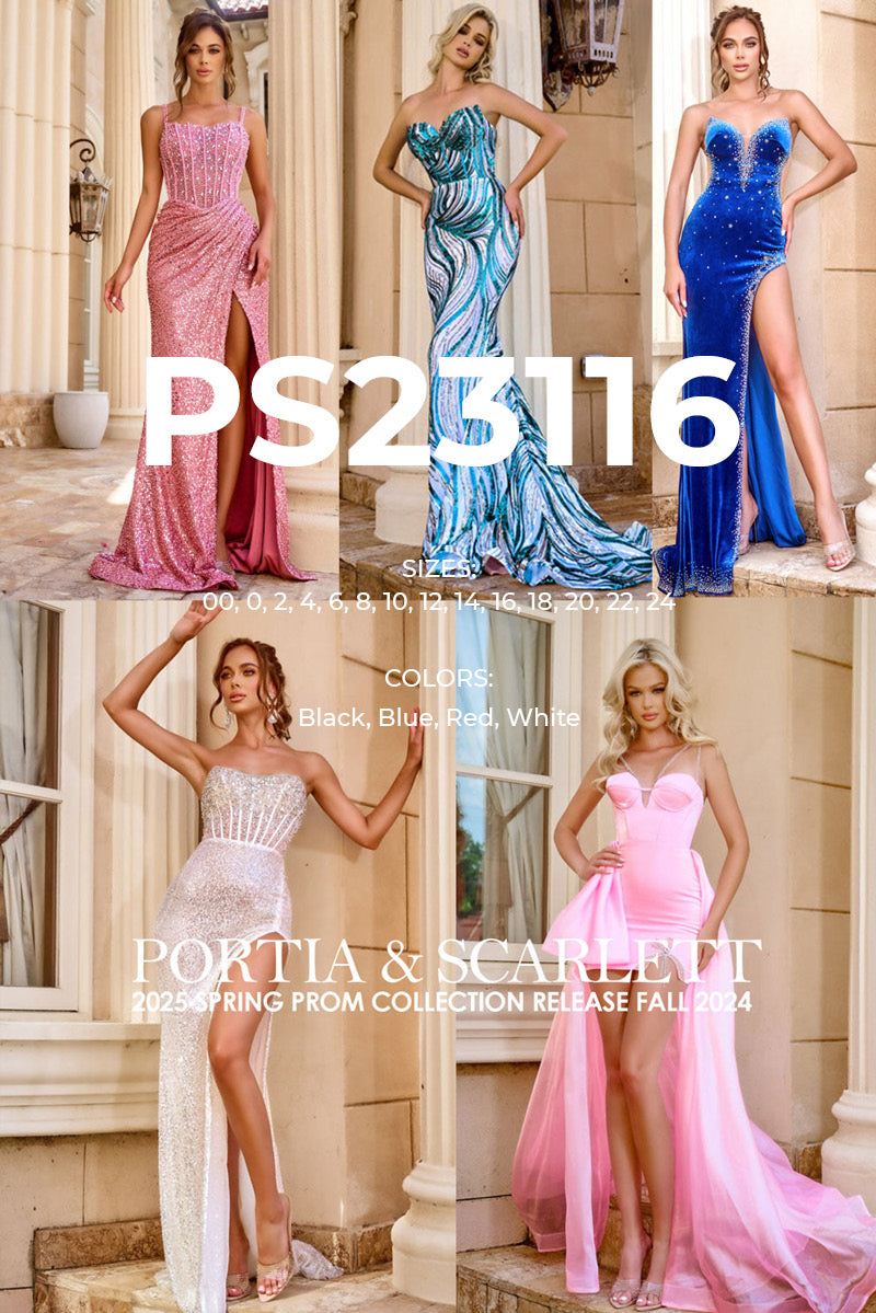 Portia and Scarlett PS23116 prom dress images.  Portia and Scarlett PS23116 is available in these colors: Black, Blue, Red, White.