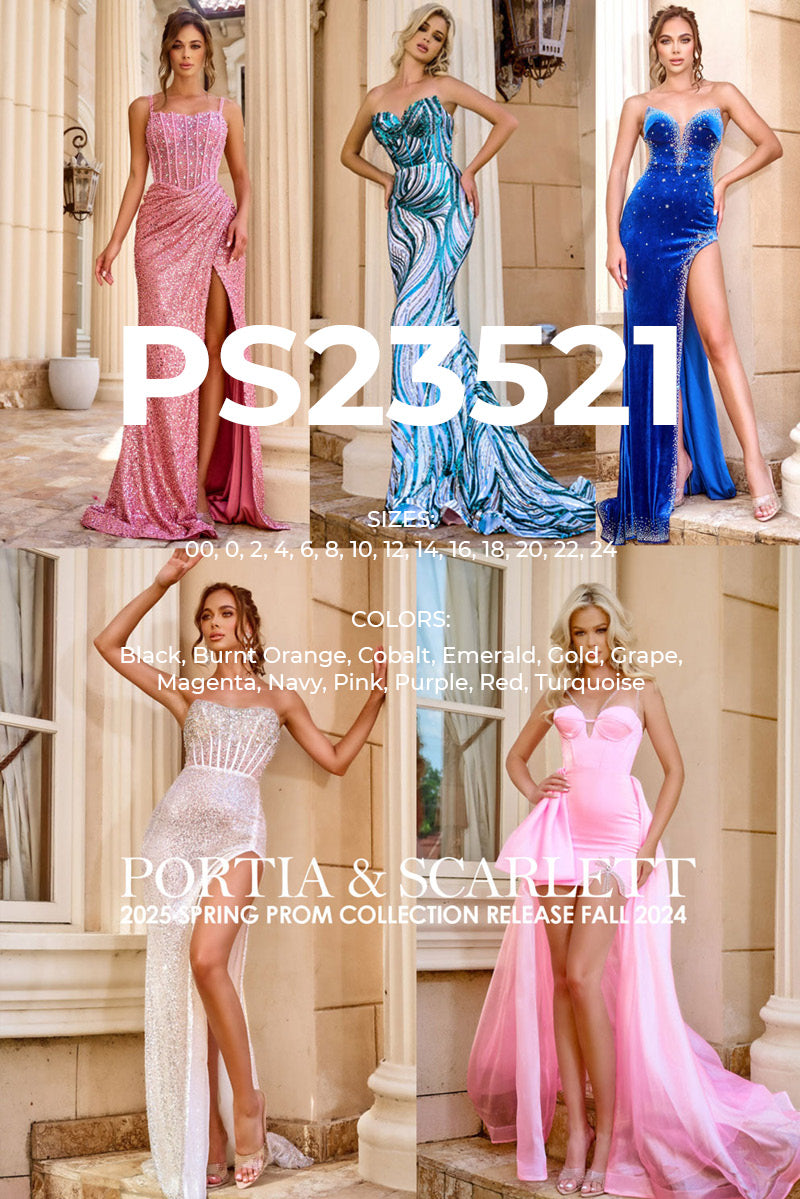 Portia and Scarlett PS23521 prom dress images.  Portia and Scarlett PS23521 is available in these colors: Black, Burnt Orange, Cobalt, Emerald, Gold, Grape, Magenta, Navy, Pink, Purple, Red, Turquoise.