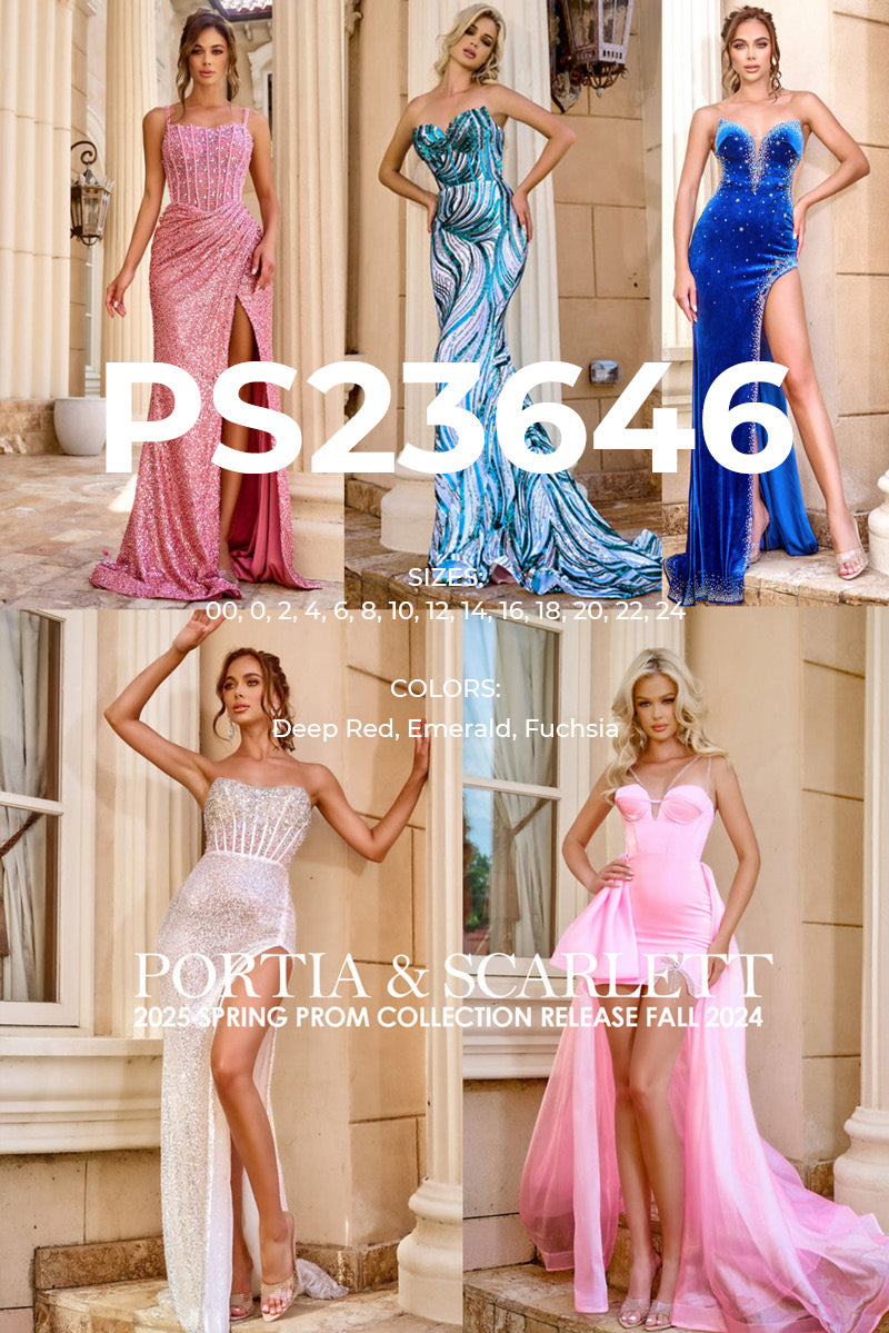 Portia and Scarlett PS23646 prom dress images.  Portia and Scarlett PS23646 is available in these colors: Deep Red, Emerald, Fuchsia.