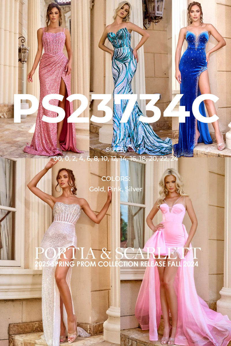 Portia and Scarlett PS23734C prom dress images.  Portia and Scarlett PS23734C is available in these colors: Gold, Pink, Silver.