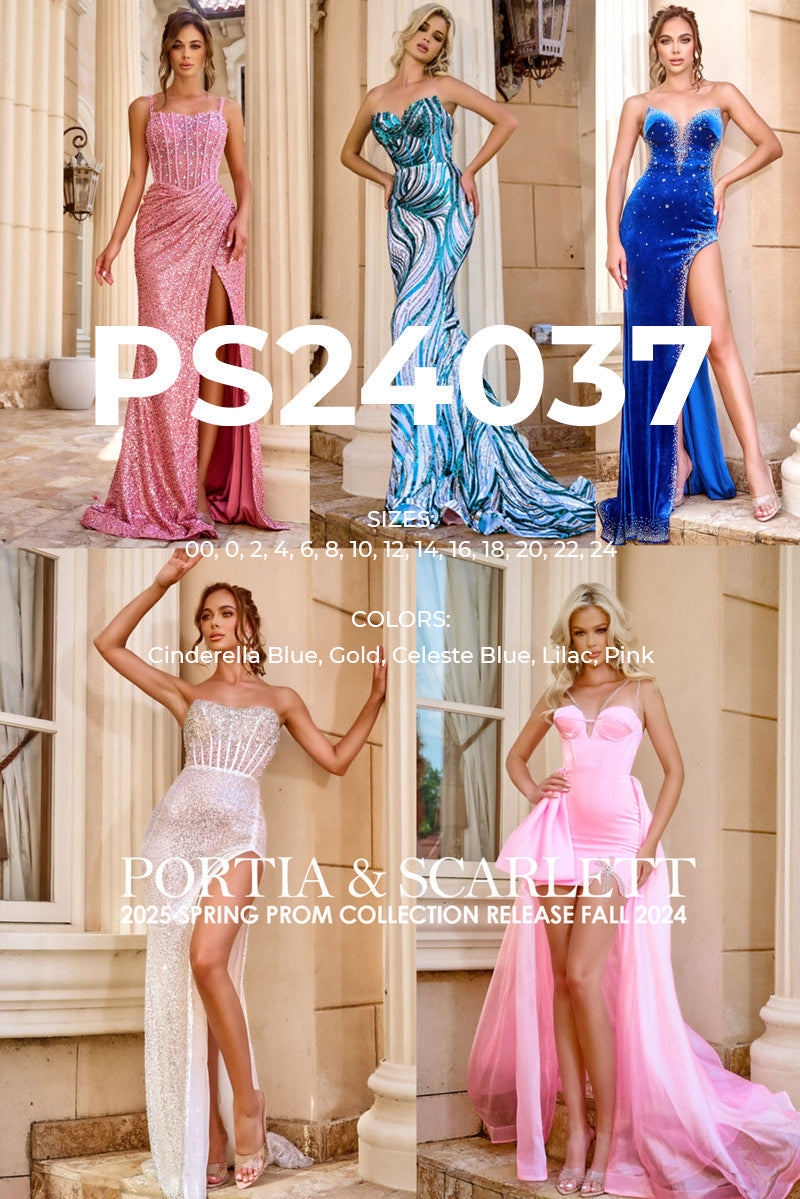 Portia and Scarlett PS24037 prom dress images.  Portia and Scarlett PS24037 is available in these colors: Cinderella Blue, Gold, Celeste Blue, Lilac, Pink.