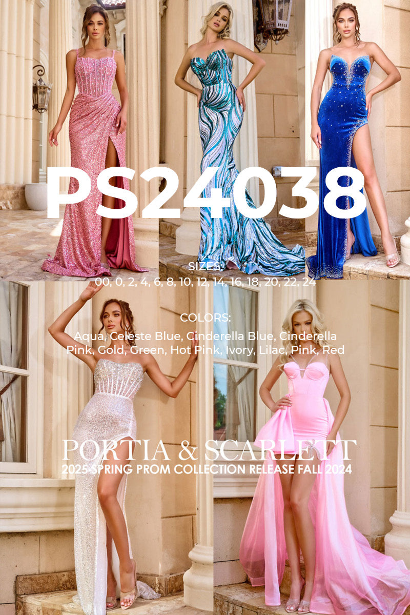 Portia and Scarlett PS24038 prom dress images.  Portia and Scarlett PS24038 is available in these colors: Aqua, Celeste Blue, Cinderella Blue, Cinderella Pink, Gold, Green, Hot Pink, Ivory, Lilac, Pink, Red.