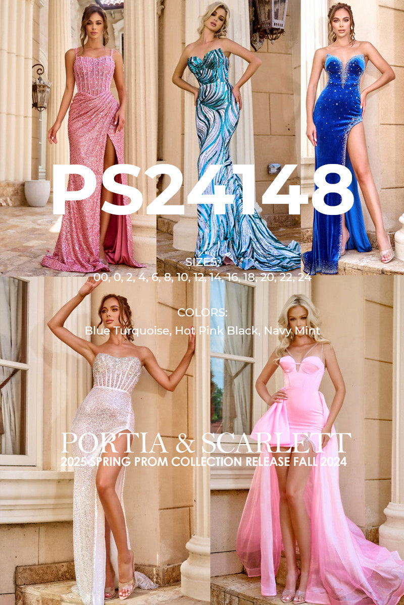 Portia and Scarlett PS24148 prom dress images.  Portia and Scarlett PS24148 is available in these colors: Blue Turquoise, Hot Pink Black, Navy Mint.