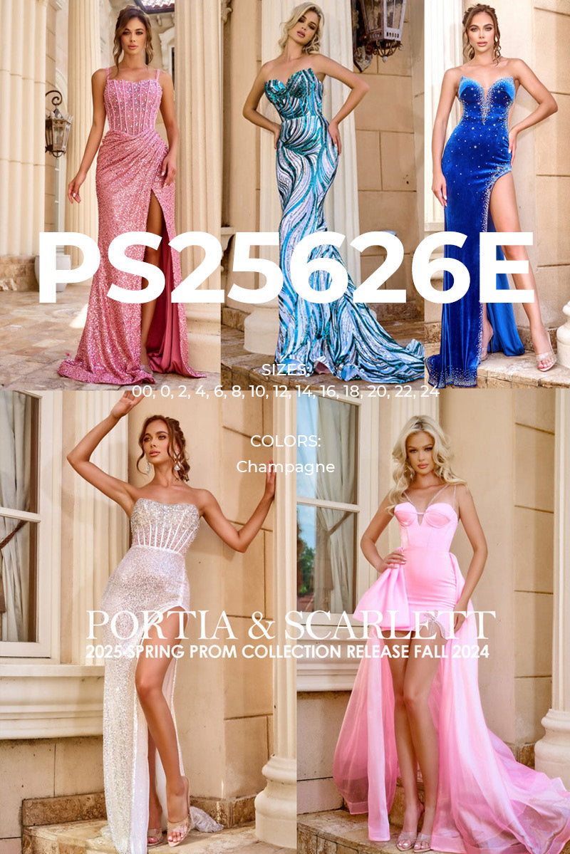 Portia and Scarlett PS25626E prom dress images.  Portia and Scarlett PS25626E is available in these colors: Champagne.