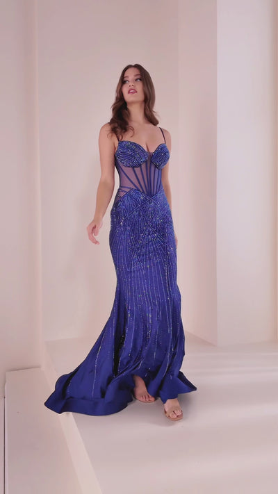 Ellie Wilde EW36001 mermaid prom dress video.  Ellie Wilde EW36001 is available in these colors: Navy Blue, Lavender Frost, Ruby, Hot Pink, Black, Sage, Emerald, Orchid.