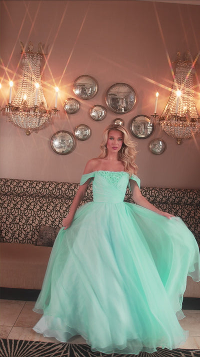 Rachel Allan 70865 prom dress video.  Rachel Allan 70865 is available in these colors: Aqua, Pink, Red.