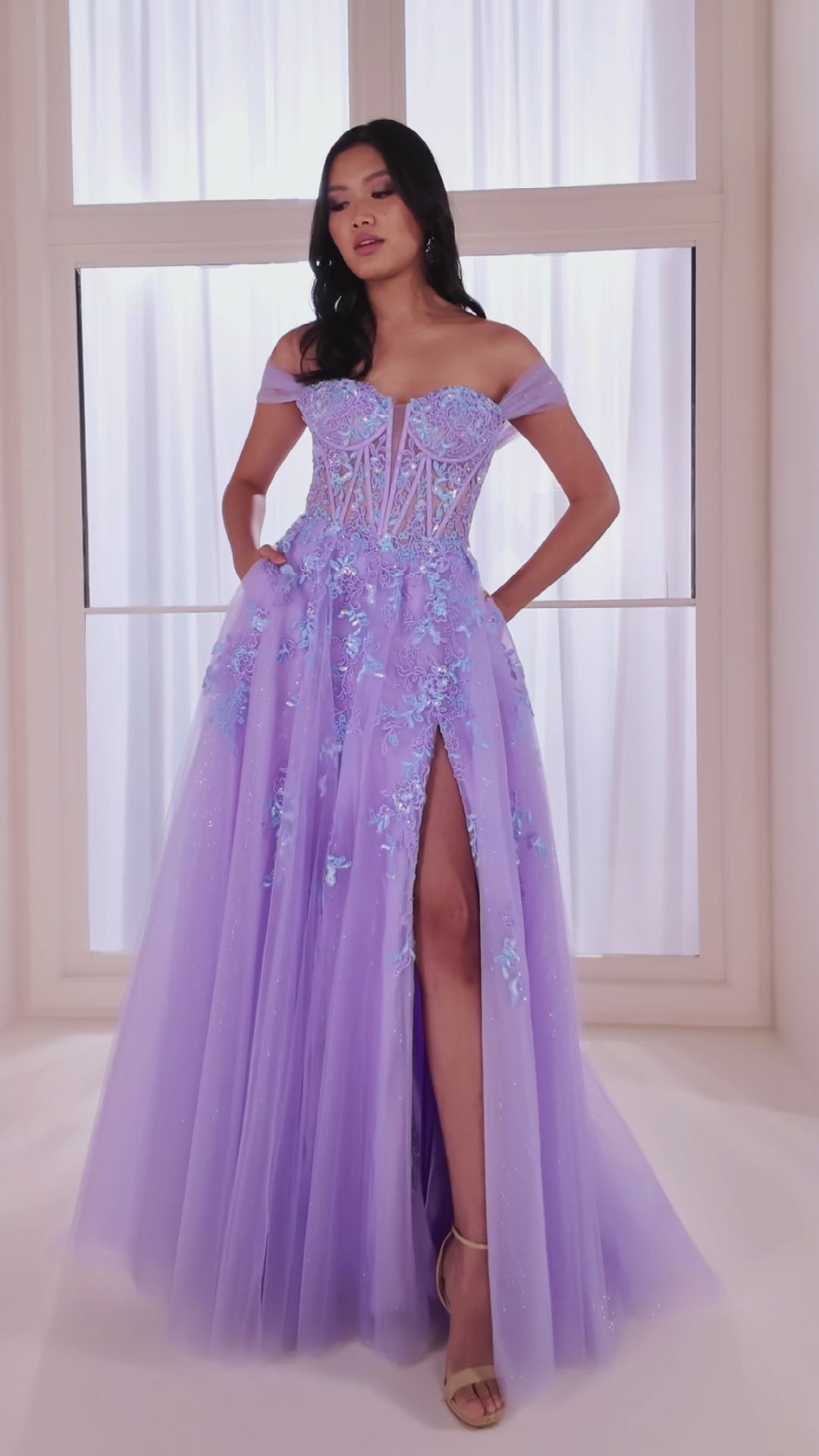 Ellie Wilde EW36217 ball gown prom dress video.  Ellie Wilde EW36217 is available in these colors: Lilac Light Blue.