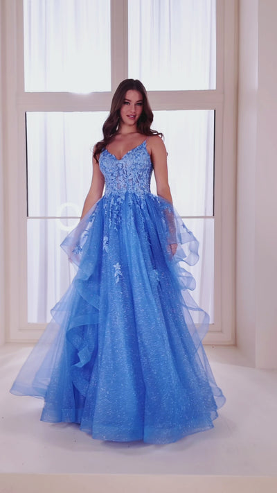 Ellie Wilde EW36085 a-line prom dress video.  Ellie Wilde EW36085 is available in these colors: Bluebell, Ice Blue, Wine, Indigo, Emerald.