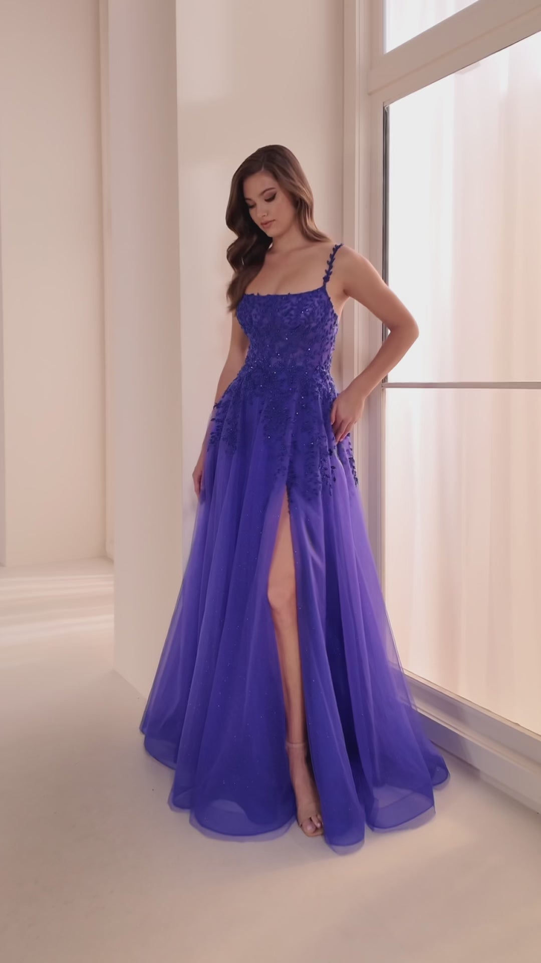 Ellie Wilde EW36228 a-line prom dress video.  Ellie Wilde EW36228 is available in these colors: Royal Blue, Emerald.