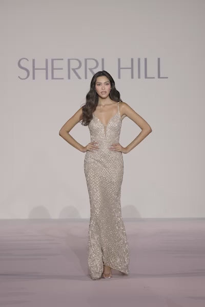 Sherri Hill 56380 prom dress video.  Sherri Hill 56380 is available in these colors: Nude Gold, Nude Silver.