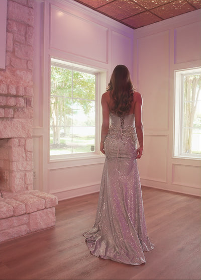 Rachel Allan 70742 prom dress video.  Rachel Allan 70742 is available in these colors: Black, Cloud Blue, Purple, Silver.