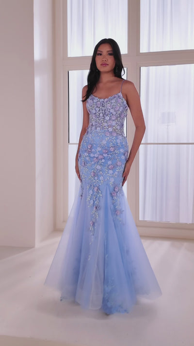 Ellie Wilde EW36090 trumpet prom dress video.  Ellie Wilde EW36090 is available in these colors: Light Blue Multi, Lilac Multi, Dk Sage  Multi.