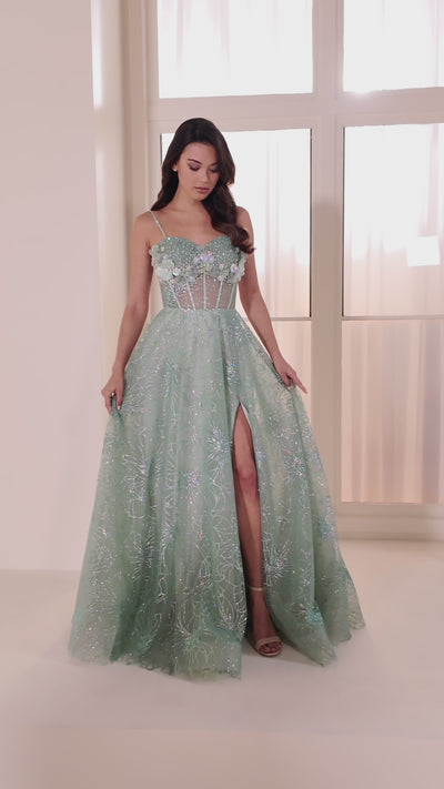 Ellie Wilde EW36218 a-line prom dress video.  Ellie Wilde EW36218 is available in these colors: Sage Multi, Lilac Multi, Slate Multi.