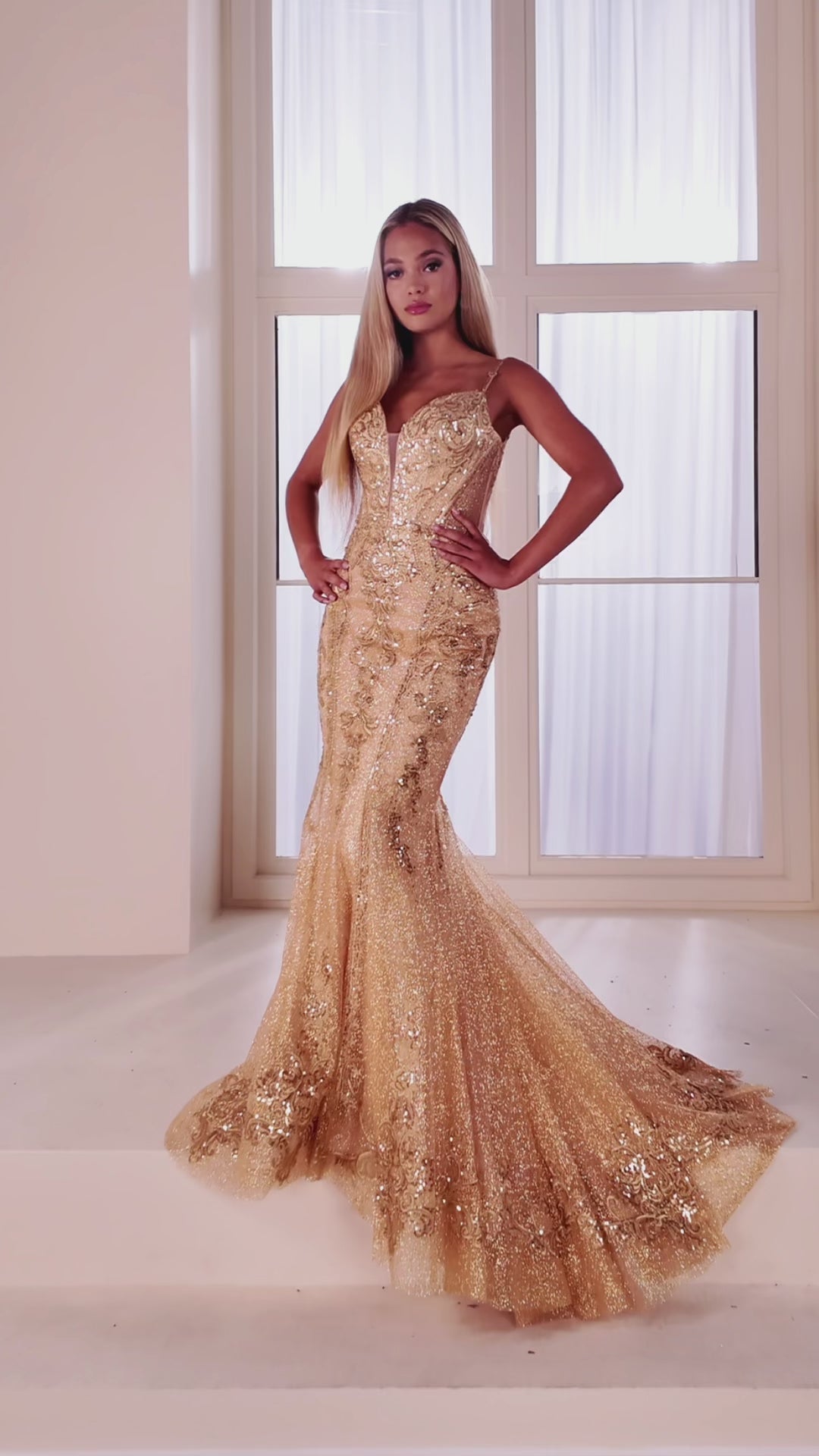 Ellie Wilde EW36056 mermaid prom dress video.  Ellie Wilde EW36056 is available in these colors: Gold, Silver.