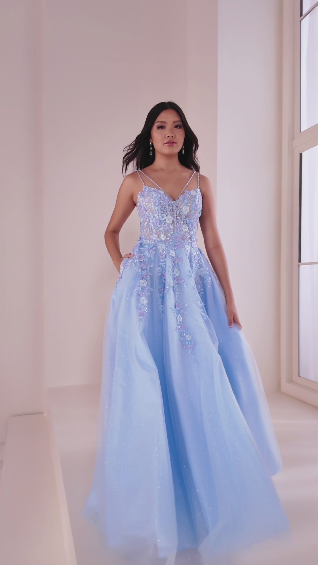 Ellie Wilde EW36079 a-line prom dress video.  Ellie Wilde EW36079 is available in these colors: Light Blue, Lilac, Light Peach.