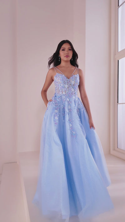 Ellie Wilde EW36079 a-line prom dress video.  Ellie Wilde EW36079 is available in these colors: Light Blue, Lilac, Light Peach.