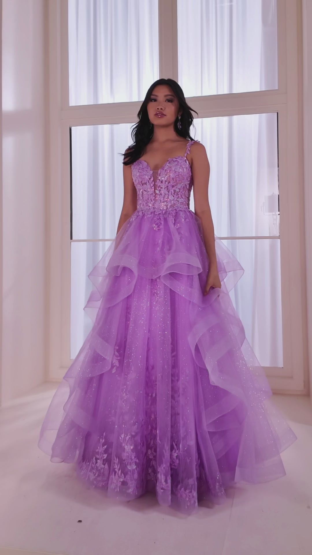 Ellie Wilde EW36081 a-line prom dress video.  Ellie Wilde EW36081 is available in these colors: Lilac, Honeysuckle, Emerald.