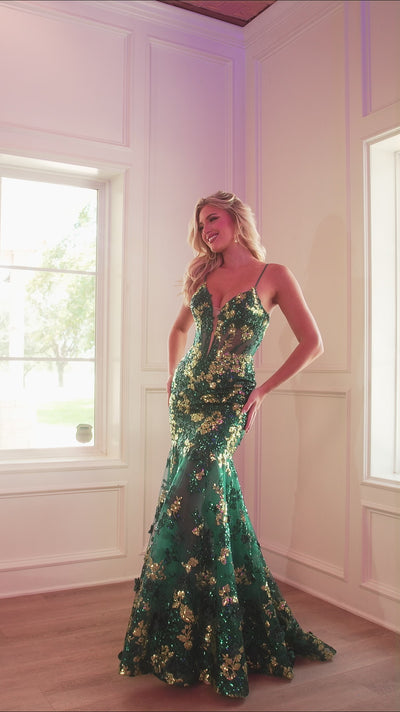 Rachel Allan 70858 prom dress video.  Rachel Allan 70858 is available in these colors: Emerald Multi.