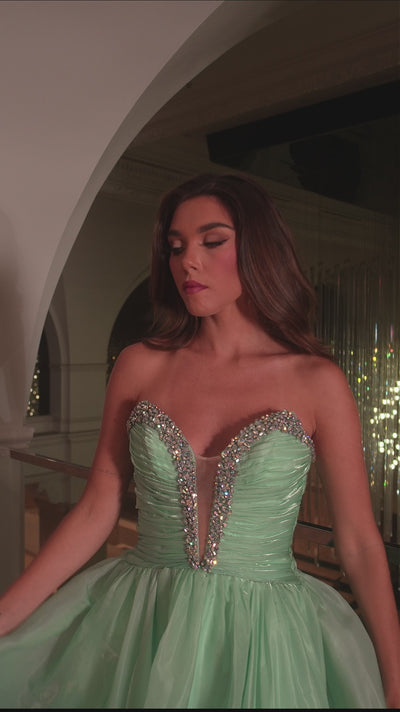 Rachel Allan 70727 prom dress video.  Rachel Allan 70727 is available in these colors: Mint Print, Periwinkle Print, Pink Print.