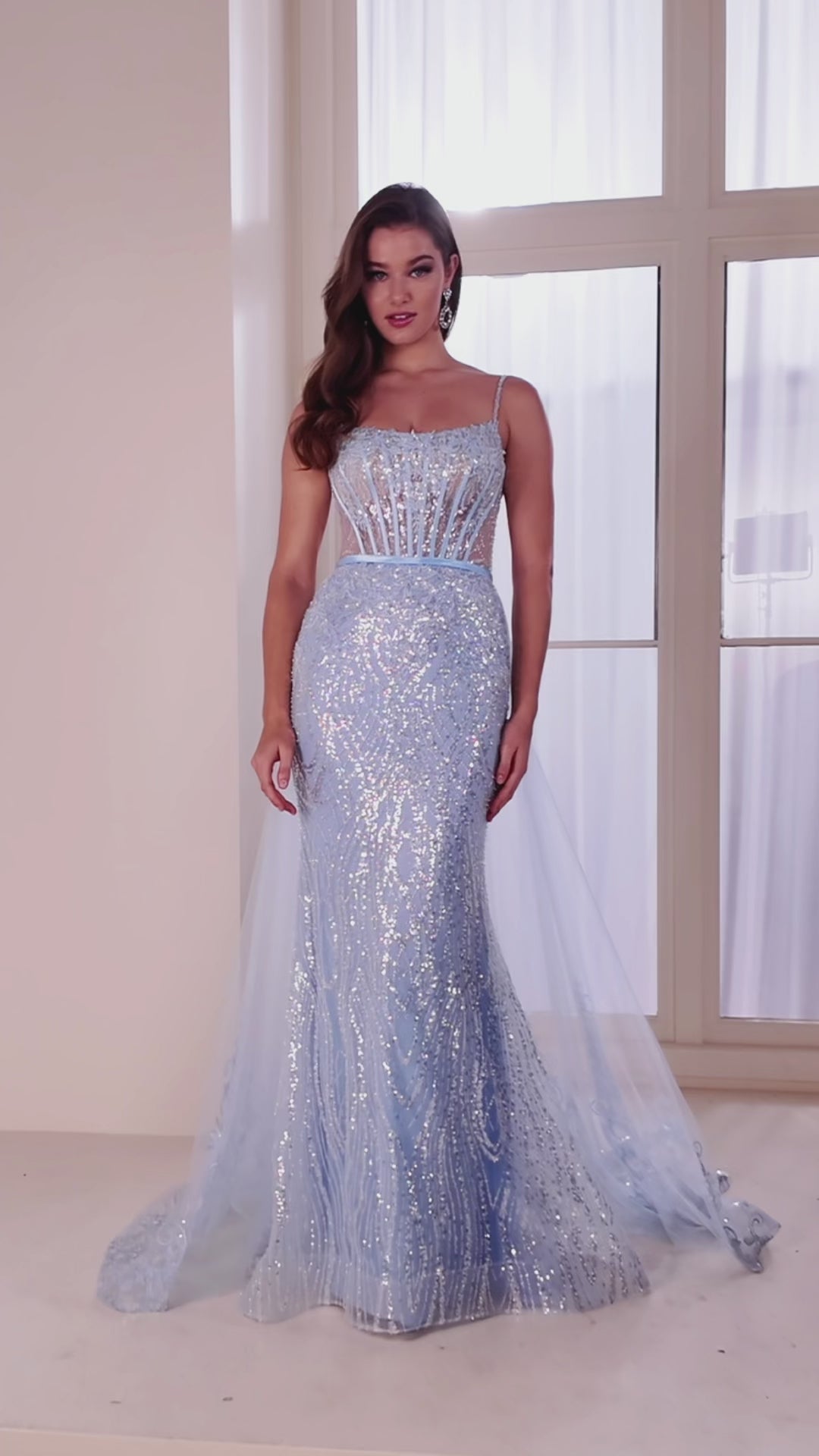 Ellie Wilde EW36075 mermaid prom dress video.  Ellie Wilde EW36075 is available in these colors: Ice Blue, Black, Gold, Ruby, Ivory.