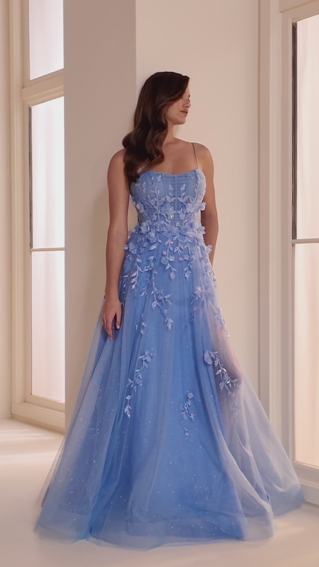 Ellie Wilde EW36222 a-line prom dress video.  Ellie Wilde EW36222 is available in these colors: Bluebell, Teal.