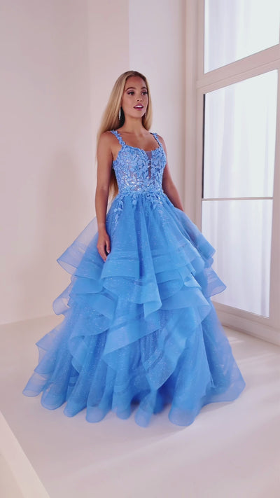 Ellie Wilde EW36035 ball gown prom dress video.  Ellie Wilde EW36035 is available in these colors: Bluebell, Lavender, Papaya, Indigo, Gold.