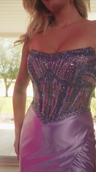 Rachel Allan 70838 prom dress video.  Rachel Allan 70838 is available in these colors: Black, Champagne, Emerald, Lilac.