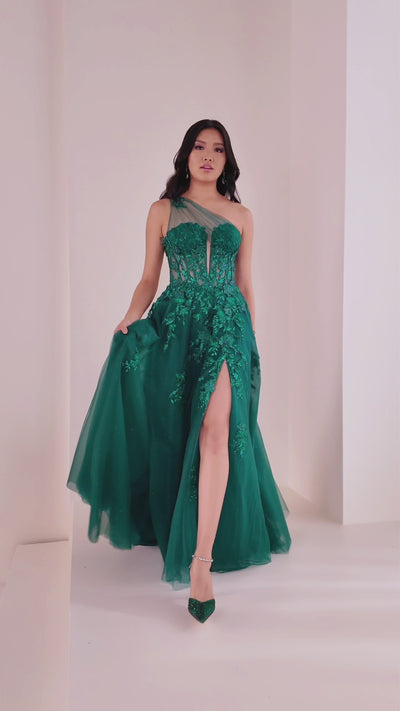 Ellie Wilde EW36207 a-line prom dress video.  Ellie Wilde EW36207 is available in these colors: Violet, Emerald, Light Blue.