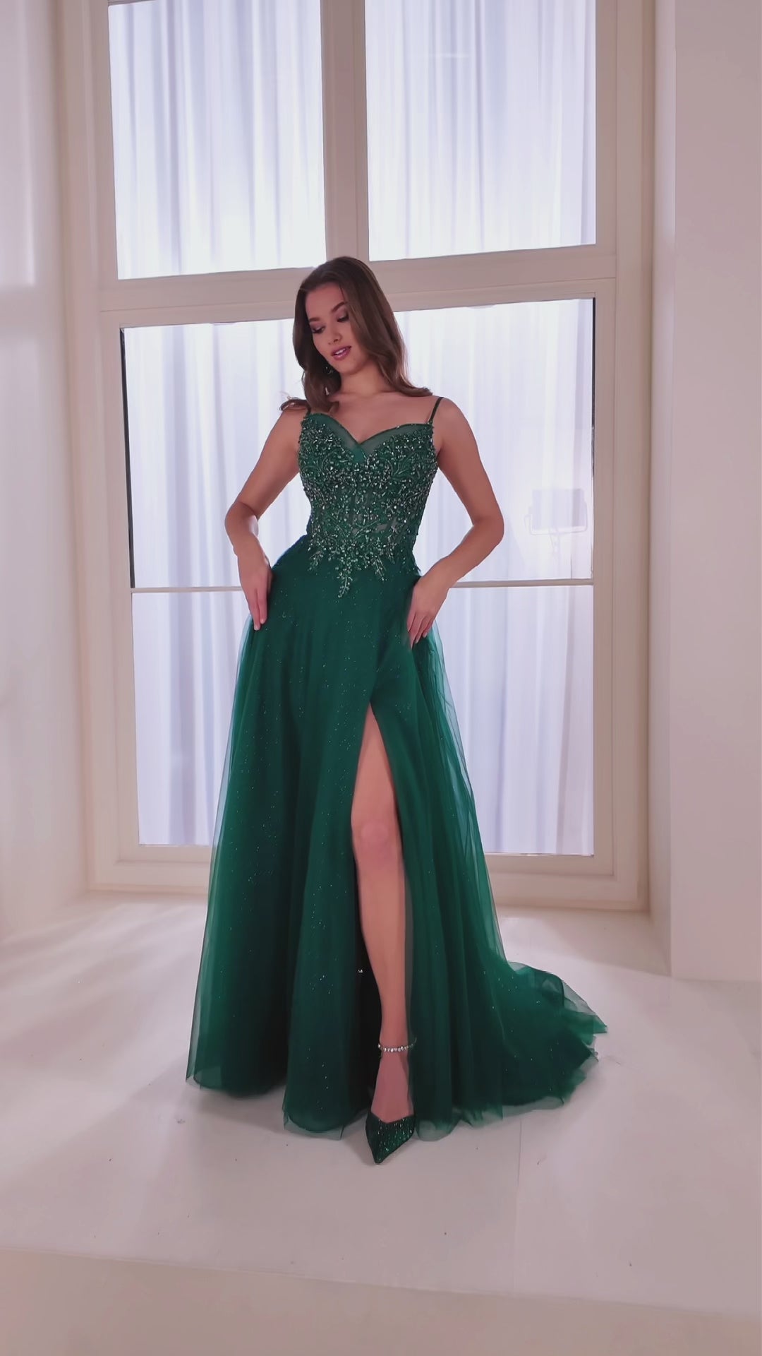 Ellie Wilde EW36066 a-line prom dress video.  Ellie Wilde EW36066 is available in these colors: Emerald, Blue Moon.