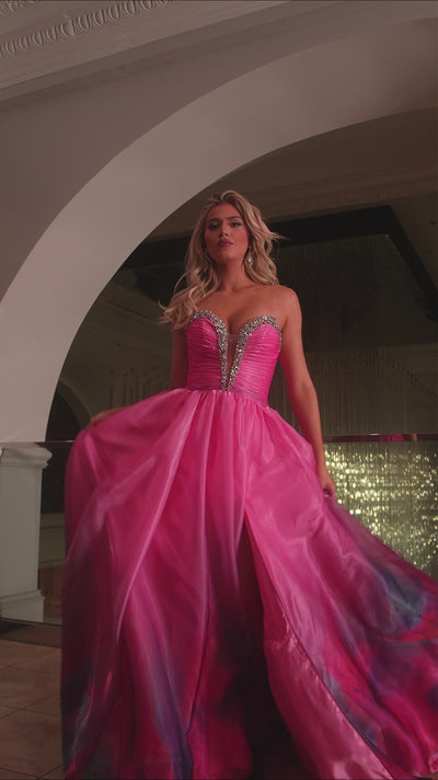 Rachel Allan 70727 prom dress video.  Rachel Allan 70727 is available in these colors: Mint Print, Periwinkle Print, Pink Print.