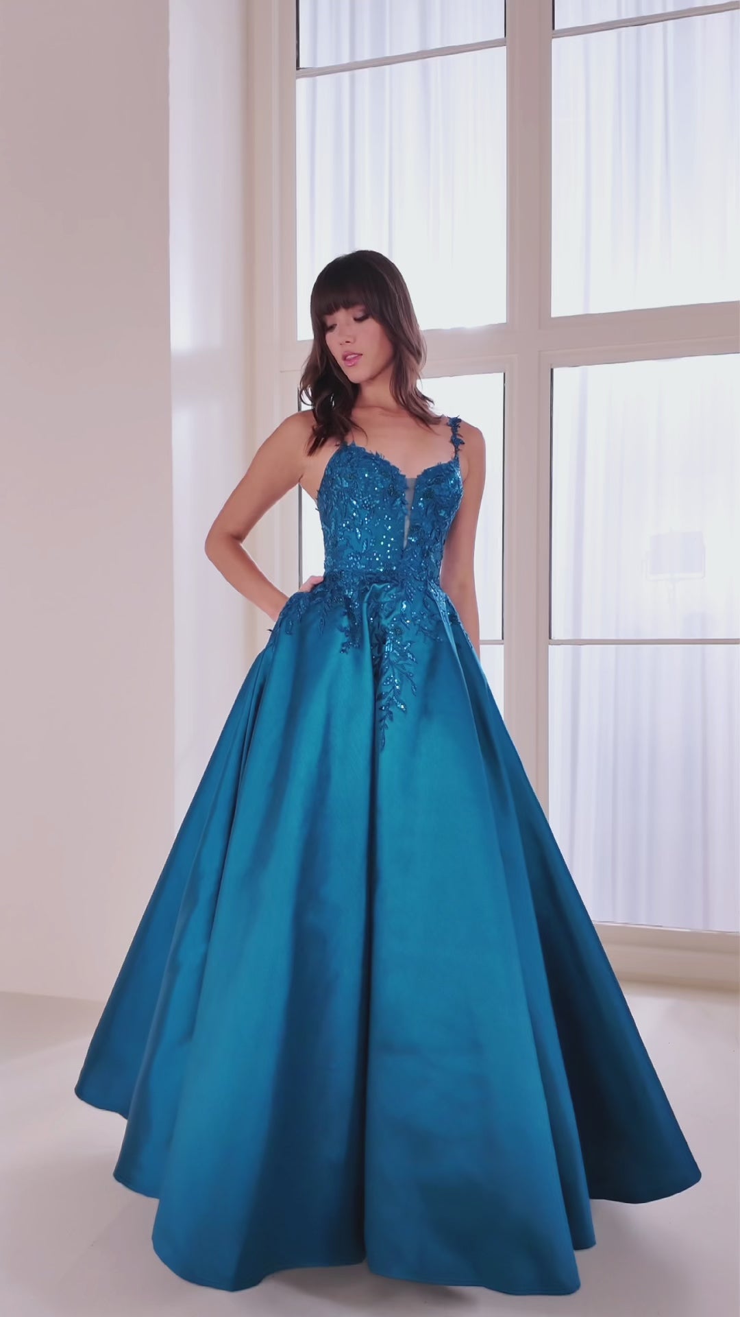 Ellie Wilde EW36094 ball gown prom dress video.  Ellie Wilde EW36094 is available in these colors: Teal, Navy Blue, Emerald.