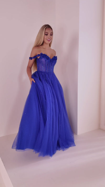 Ellie Wilde EW36071 ball gown prom dress video.  Ellie Wilde EW36071 is available in these colors: Royal Blue, Emerald, Dusty Rose Gold.