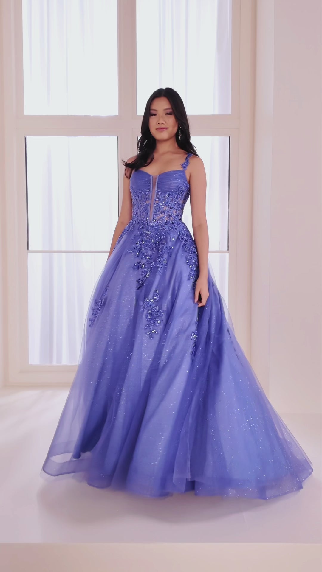 Ellie Wilde EW36202 ball gown prom dress video.  Ellie Wilde EW36202 is available in these colors: Black, Barbie Pink, Dark Periwinkle, Lilac.