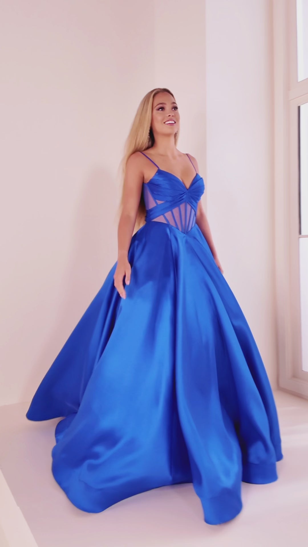 Ellie Wilde EW36073 ball gown prom dress video.  Ellie Wilde EW36073 is available in these colors: Royal Blue, Red, Black, Blue Hydrangea, Diamond White.