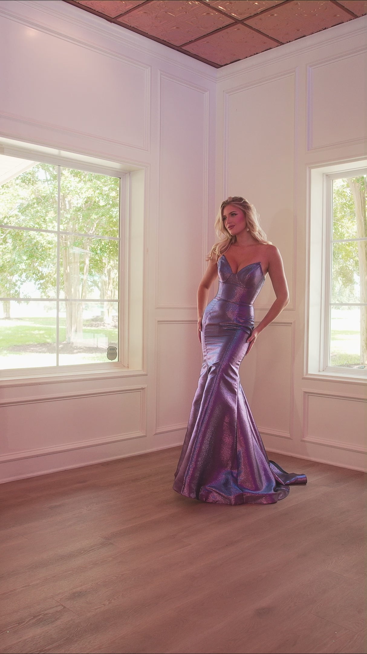 Rachel Allan 70743 prom dress video.  Rachel Allan 70743 is available in these colors: Fuchsia Shimmer, Lilac Shimmer, Peacock Shimmer.